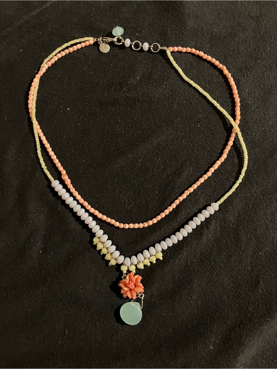 David Aubrey Jewelry - Double-Strand Coral Flower and Mint Pendant Necklace - Pastel Beads